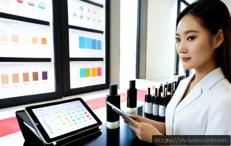뷰티컨설턴트 관련 업계 뉴스 정리 - Photorealistic beauty industry news concept, confident Asian female beauty consultant in a modern co...