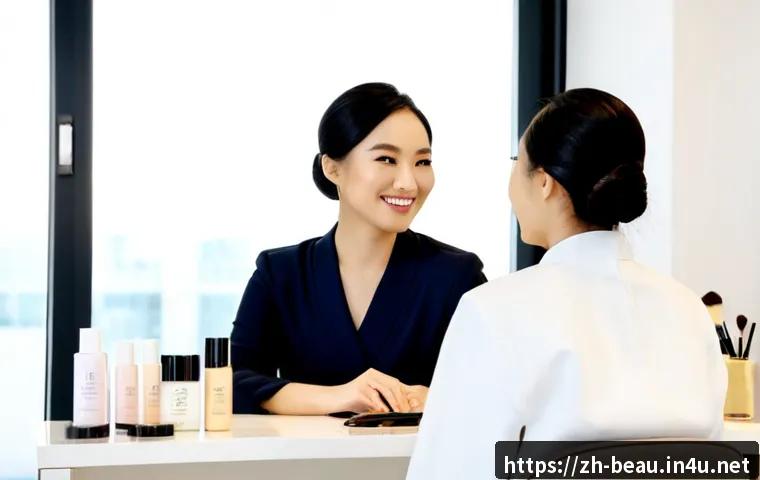 뷰티컨설턴트 동기부여 사례 - Photorealistic beauty consultant in a bright, elegant skincare studio, warmly coaching a younger col...